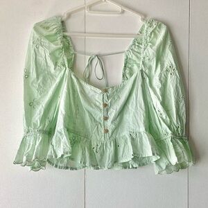 ZARA GREEN MINT COTTON EMBROIDERED FLORAL BUTTON SHIRT BLOUSE TOP